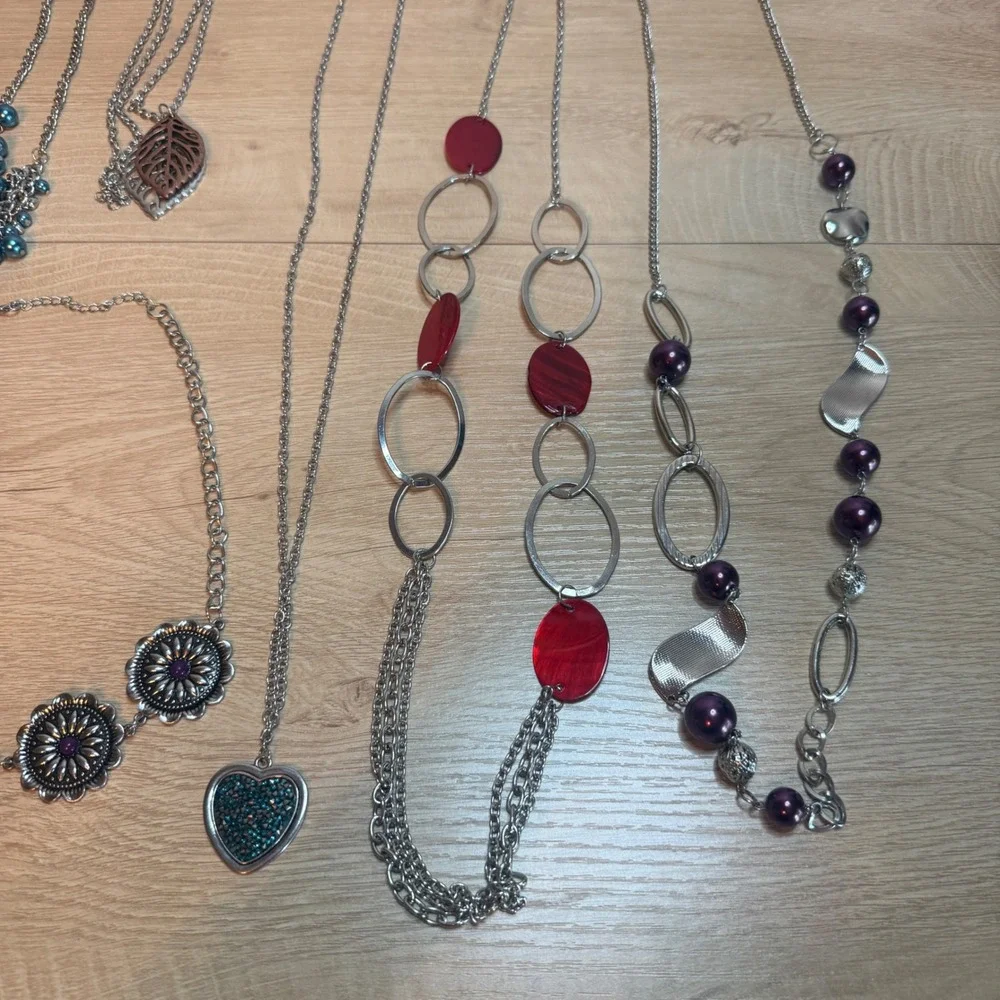 7pc Fashion Necklace Lot Silver Tone Statement Crystal Heart Leaf Beaded Boho
